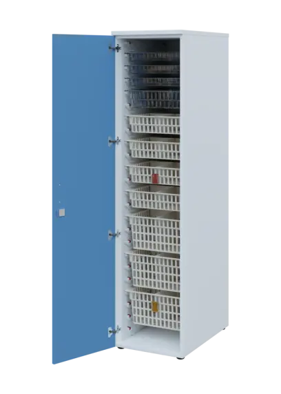 EUROMEDICA D - 46 skříň léková boxová, 1-dveřová, levá, 1950x460x735, korpus bílý, dvířka pastelově modrá